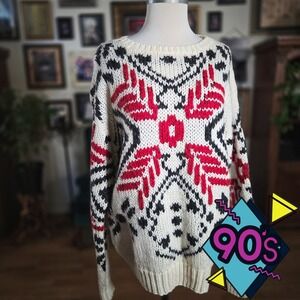 Vintage 90s Boundary Waters Hand Knit Wool Blend Fair Isle Cream Sweater